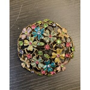 Vintage Monet Gold Enamel Rhinestone Brooch Multi Flower Shape Filigree Dome